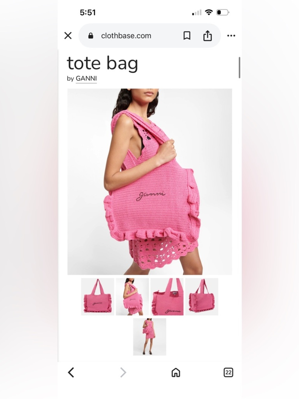 Ganni Pink Crochet Ruffle Tote -
